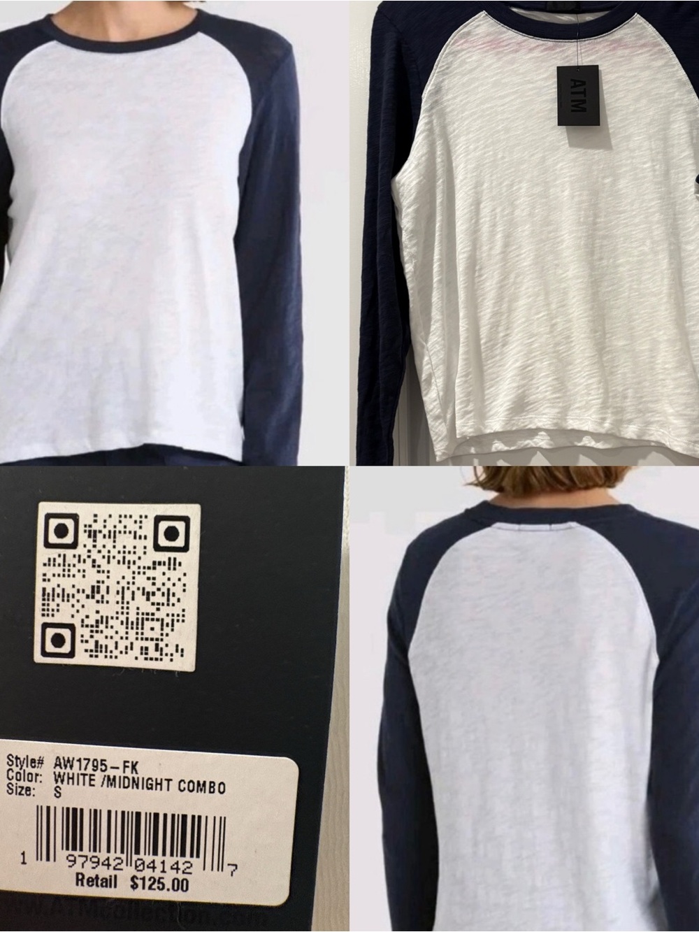 ATM Anthony Thomas Melillo White & Midnight Combo Raglan Long Sleeve Shirt